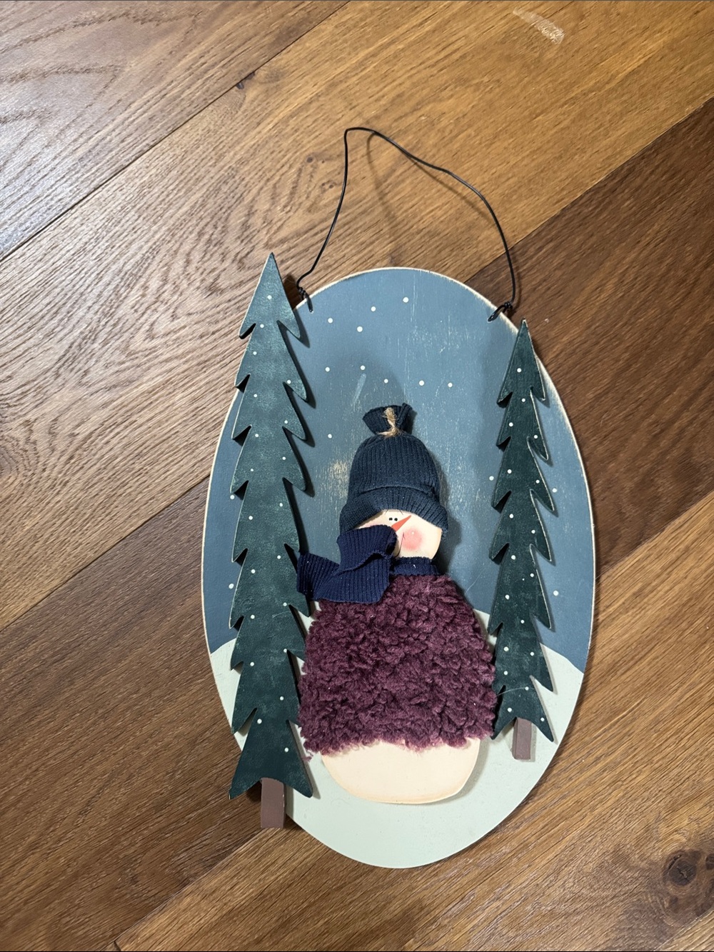 Handcrafted Blue Winter Snowman Wall Hanging with Plum Coat